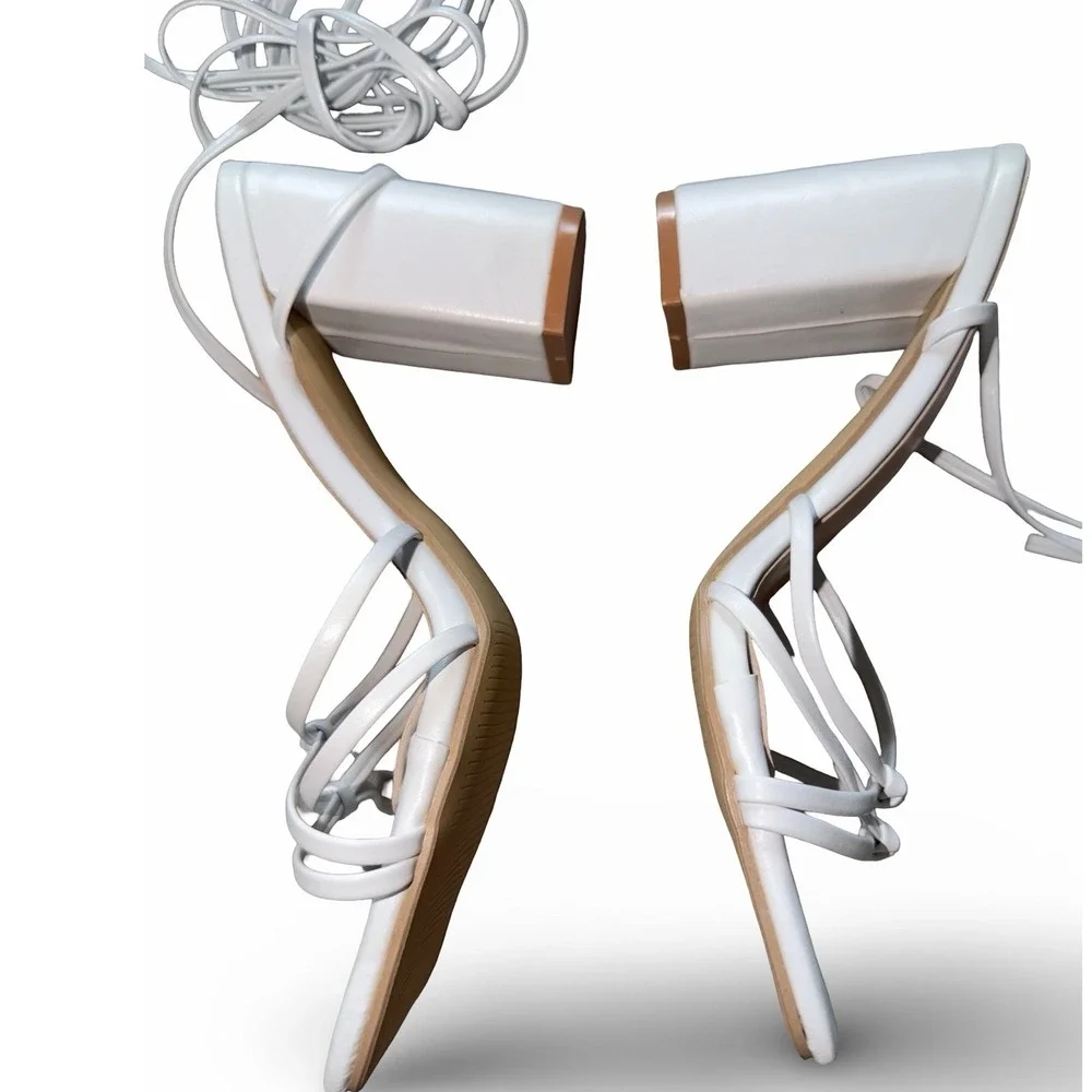 White Strappy Lace Up Block Heel Sandals Square Toe Knot Detail EUR 38 US 7.5 - Picture 11 of 12